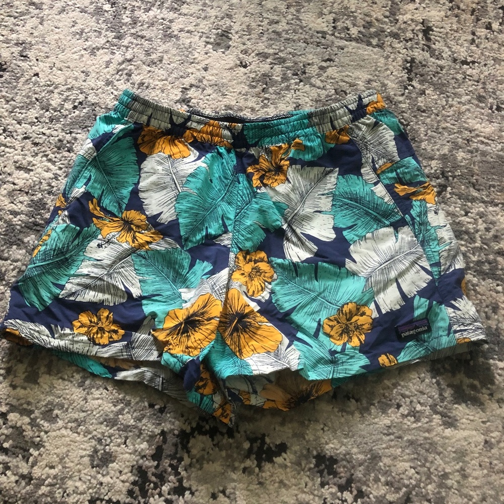 Patagonia Floral Athletic Shorts in Teal, Navy & Yellow